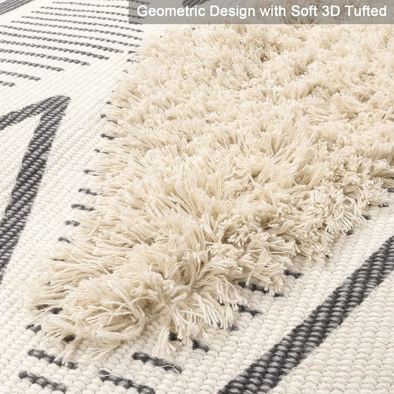 Inyahome-Boho Kitchen Runner Rug, Cotton Tufted, Geometric Rug