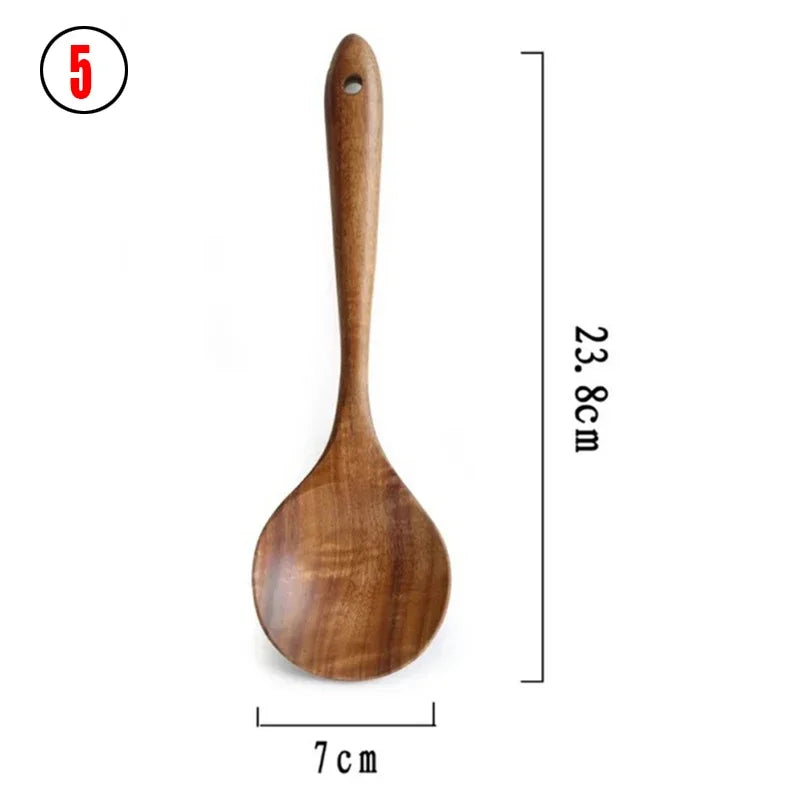 7-Piece Teak Natural Wood Tableware Set | Cooking Spoons & Kitchen Tool Kit