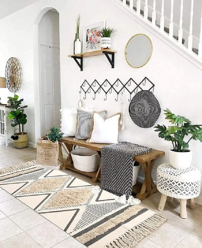 Inyahome-Boho Kitchen Runner Rug, Cotton Tufted, Geometric Rug