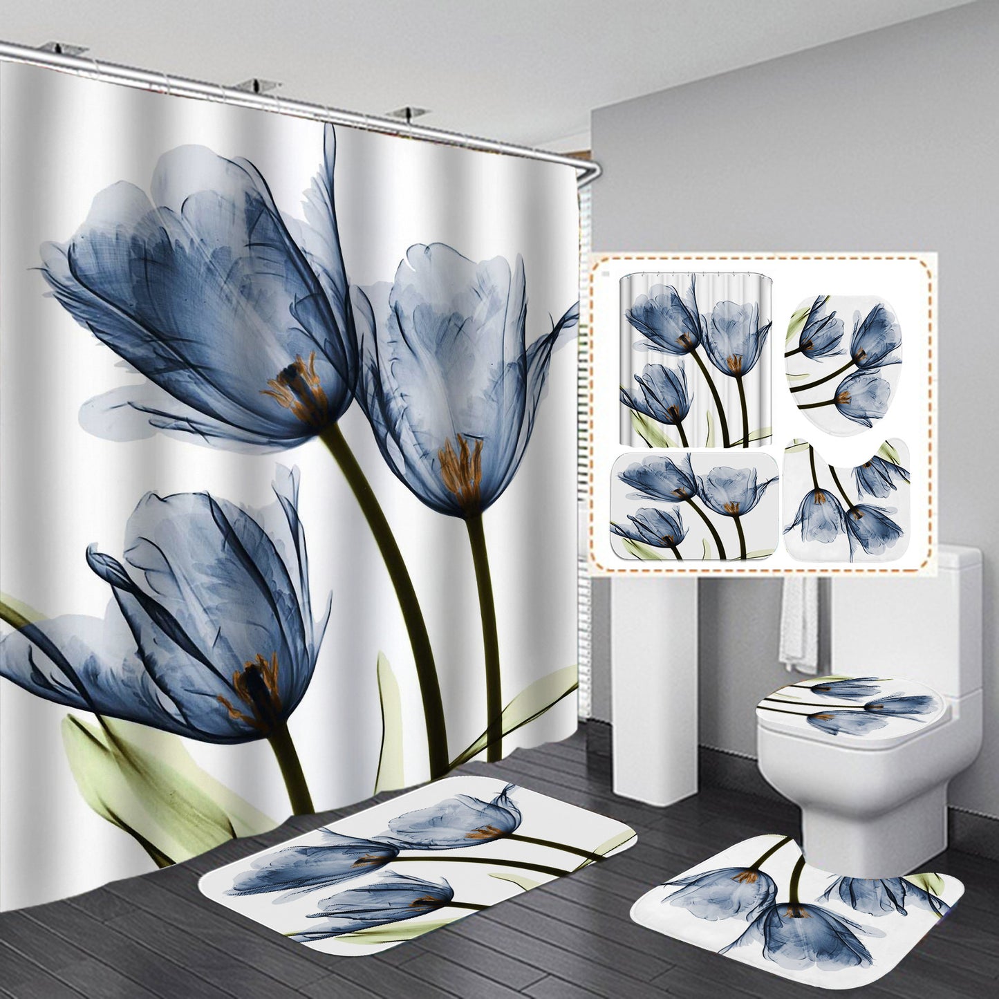 Nordic Grey Tulip Bathroom Set – Elegant Shower Curtain & Matching Rugs for Modern Bathrooms