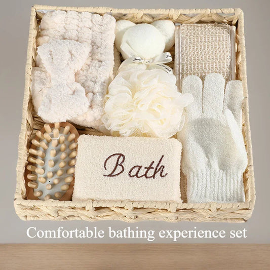 Gift Bath Set - Bear Towel, Coral Velvet Hair Strap & Bath Flower