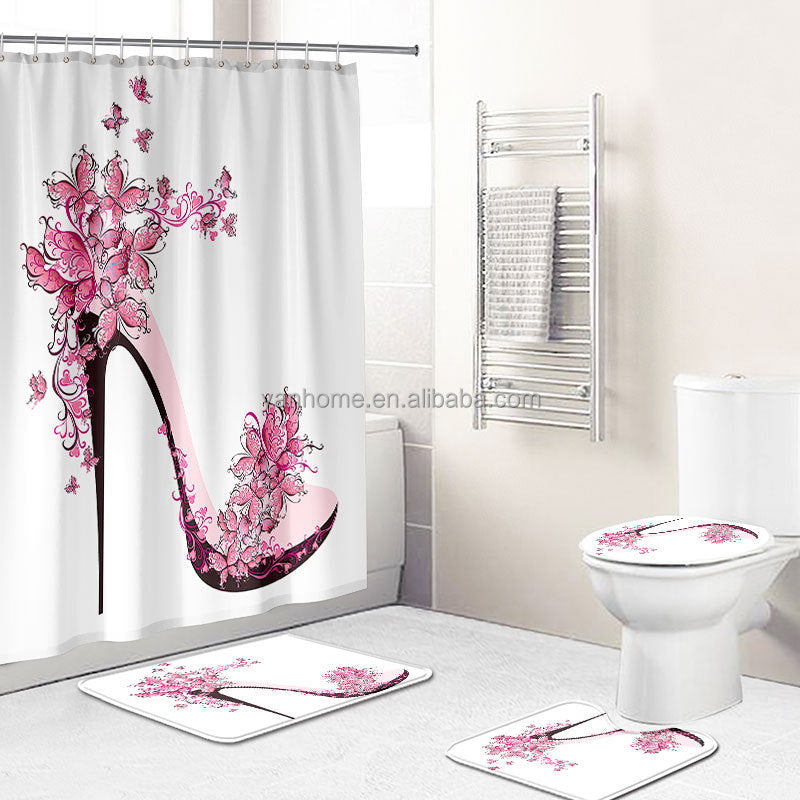 High Heel Prints Bathroom Rug & Curtain Set – Stylish Grey Art Décor for Modern Bathrooms