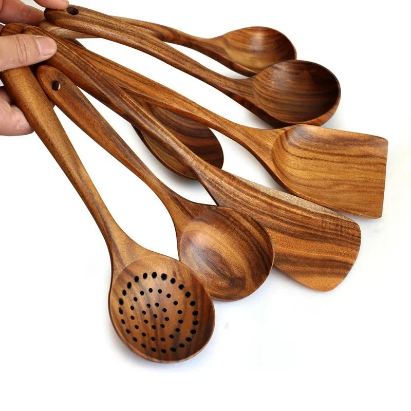 7-Piece Teak Natural Wood Tableware Set | Cooking Spoons & Kitchen Tool Kit