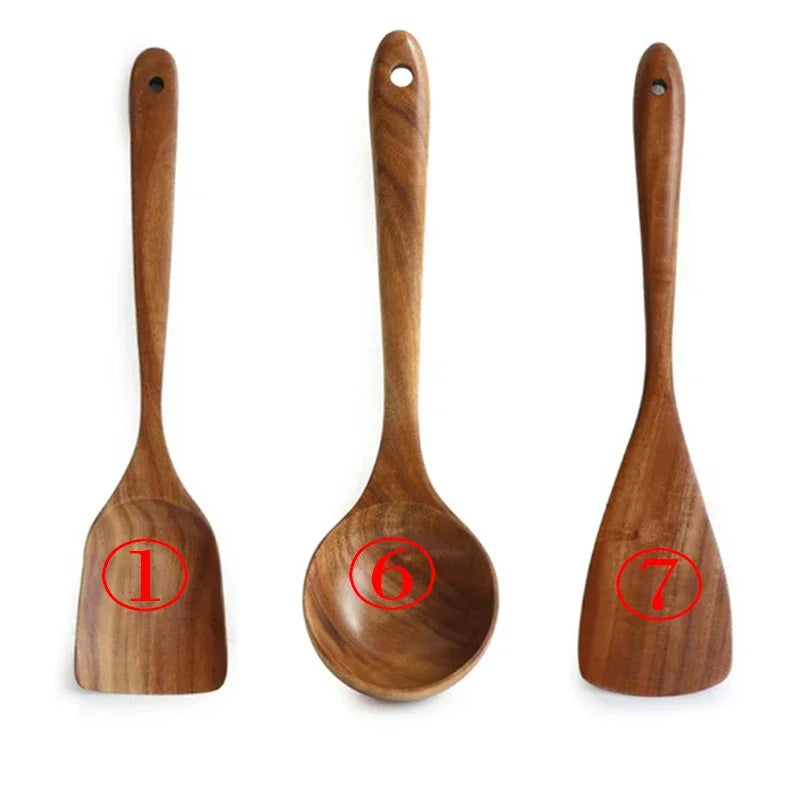 7-Piece Teak Natural Wood Tableware Set | Cooking Spoons & Kitchen Tool Kit