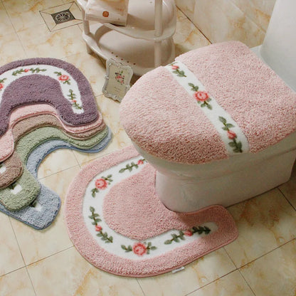 Pastoral Style Toilet Rug with Flower Pattern – Bathroom Mat Set for Cozy Elegance