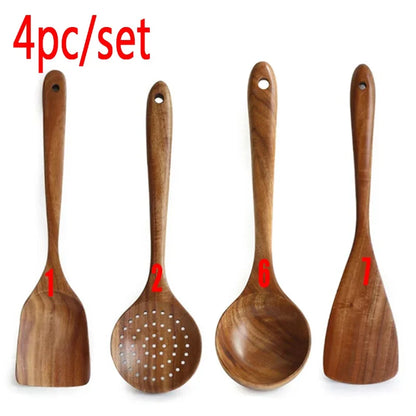 7-Piece Teak Natural Wood Tableware Set | Cooking Spoons & Kitchen Tool Kit