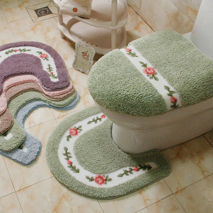 Pastoral Style Toilet Rug with Flower Pattern – Bathroom Mat Set for Cozy Elegance