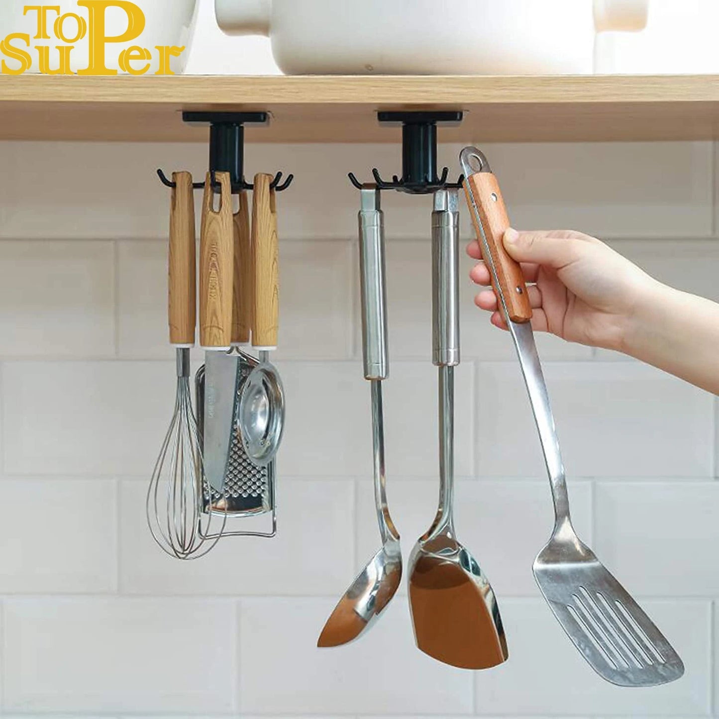 6 Hooks Rotating Kitchen Rack Organizer | Home Cabinet Accessories