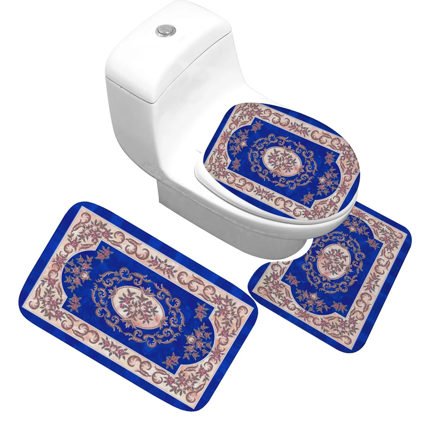 3-Piece Bath Mat Set – Classical Pattern Non-Slip Toilet Cover & Absorbent Foot Pads