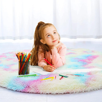 Round Rainbow Rug for Girls' Kids Bedroom - Soft & Colorful Floor Decor