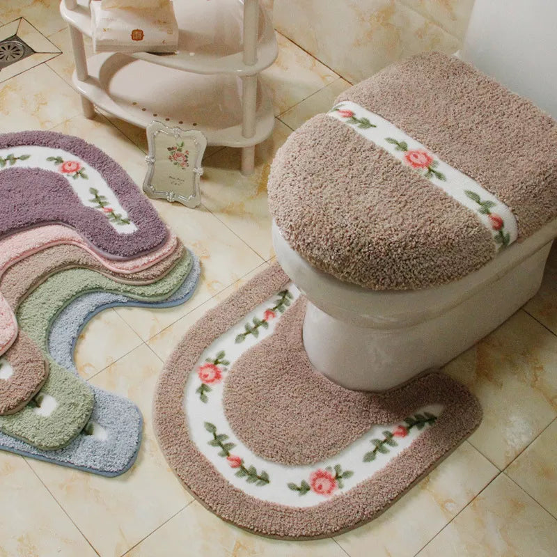 Pastoral Style Toilet Rug with Flower Pattern – Bathroom Mat Set for Cozy Elegance