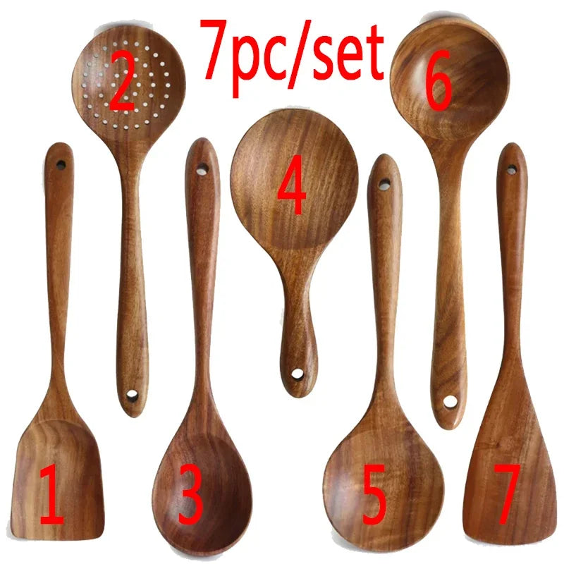 7-Piece Teak Natural Wood Tableware Set | Cooking Spoons & Kitchen Tool Kit