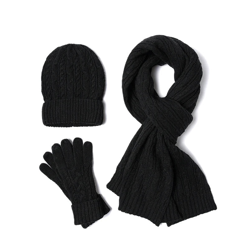 3PC Knitted Hat, Scarf & Glove Set for Women - Winter Warm Wool Twist Cap, Gloves & Scarf Gift Set