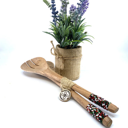 12" Maasai Bead Mango Wood Spoon Set – 2-Piece Kitchen Utensils, Handcrafted, Unique Design