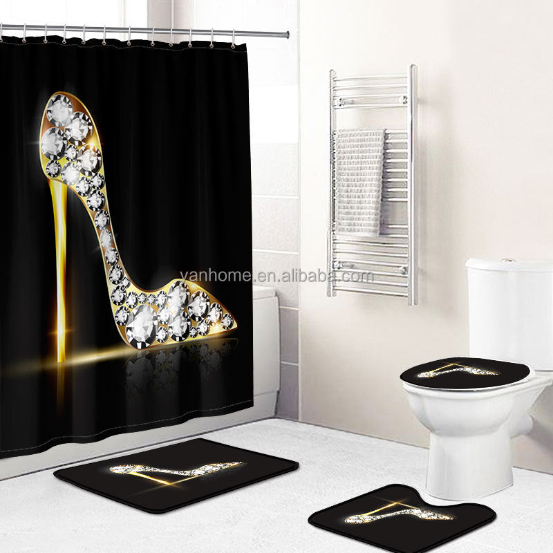 High Heel Prints Bathroom Rug & Curtain Set – Stylish Grey Art Décor for Modern Bathrooms