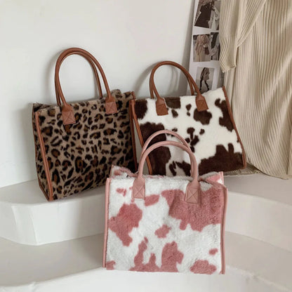 Cow Leopard Print PU Leather Handbags – Plush Design & Stylish Accessories