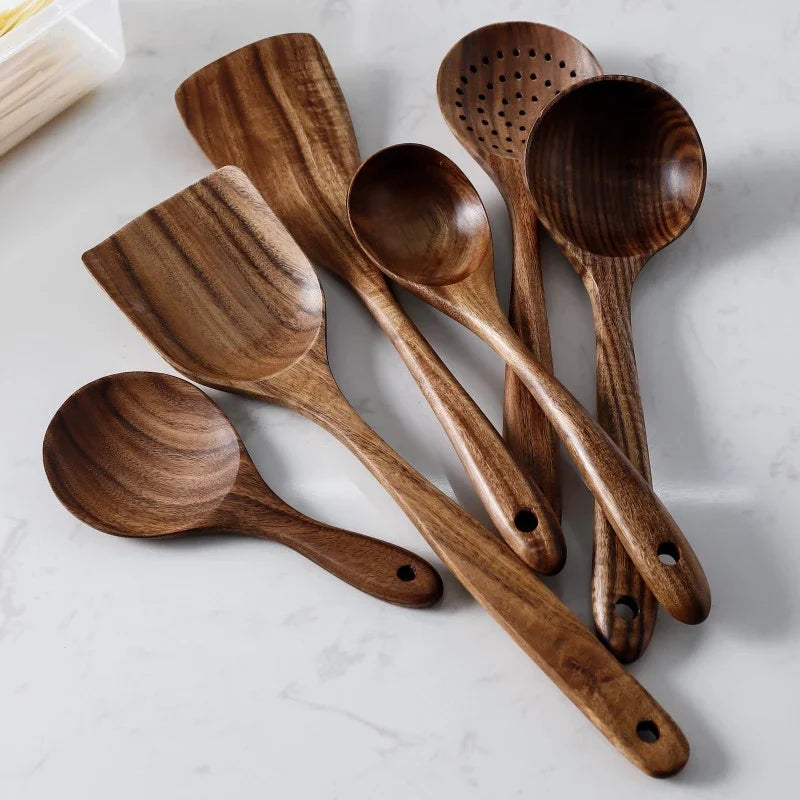 7-Piece Teak Natural Wood Tableware Set | Cooking Spoons & Kitchen Tool Kit