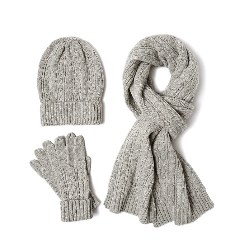 3PC Knitted Hat, Scarf & Glove Set for Women - Winter Warm Wool Twist Cap, Gloves & Scarf Gift Set