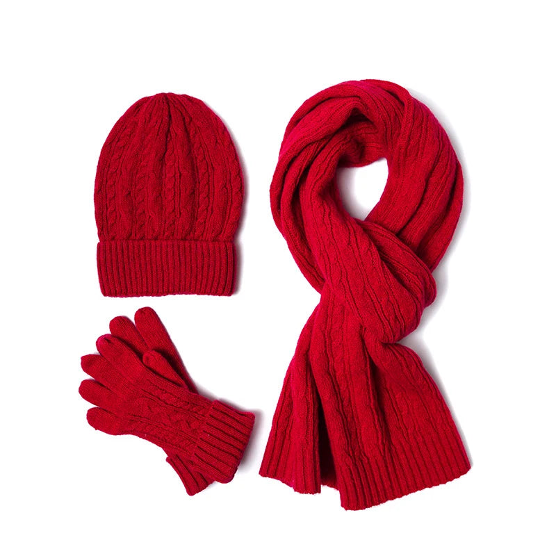 3PC Knitted Hat, Scarf & Glove Set for Women - Winter Warm Wool Twist Cap, Gloves & Scarf Gift Set