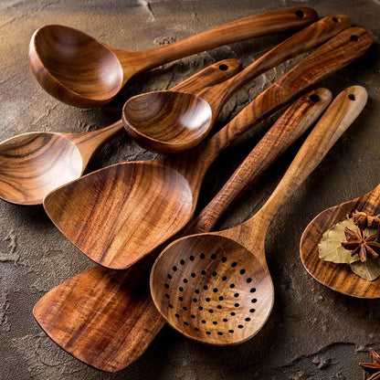 7-Piece Teak Natural Wood Tableware Set | Cooking Spoons & Kitchen Tool Kit