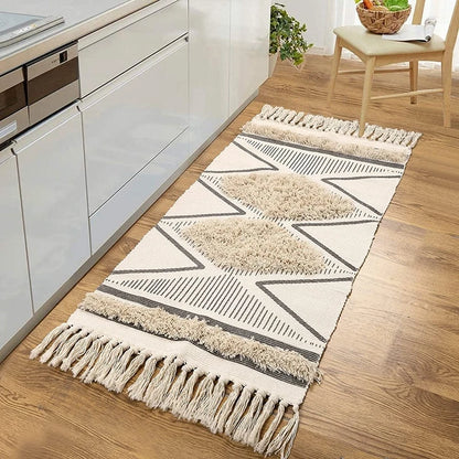 Inyahome-Boho Kitchen Runner Rug, Cotton Tufted, Geometric Rug