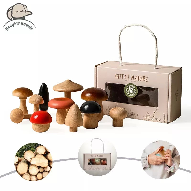 Wood Mushroom Blocks – Montessori Educational Wooden Toys for Children, Creative Learning Playset