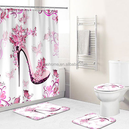 High Heel Prints Bathroom Rug & Curtain Set – Stylish Grey Art Décor for Modern Bathrooms