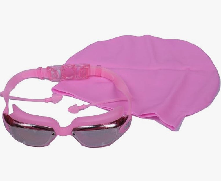 P2 Polarized Anti-Fog Swim Goggles Set | Anti-UV, No Leakage for Adults & Youth with Cap & Ear Plugs (Pink)