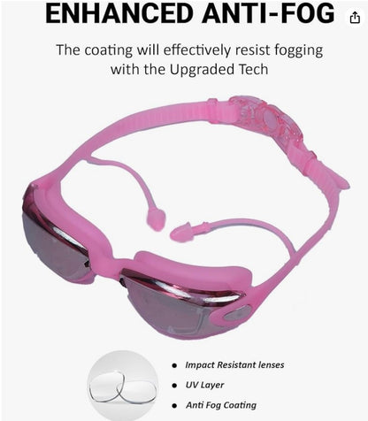 P2 Polarized Anti-Fog Swim Goggles Set | Anti-UV, No Leakage for Adults & Youth with Cap & Ear Plugs (Pink)