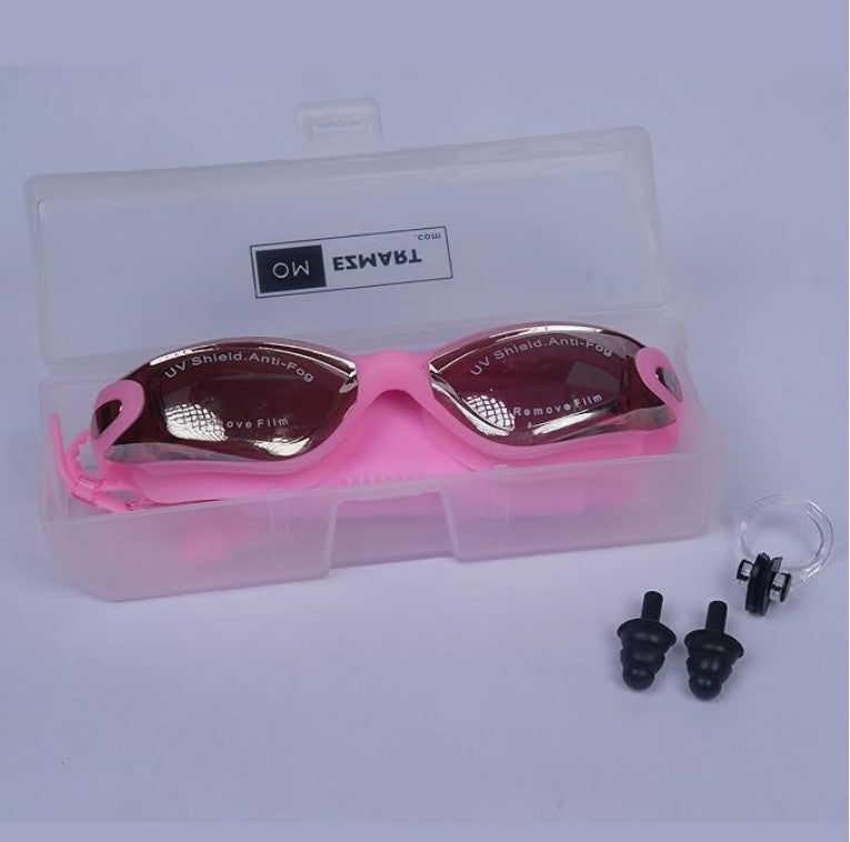 P2 Polarized Anti-Fog Swim Goggles Set | Anti-UV, No Leakage for Adults & Youth with Cap & Ear Plugs (Pink)