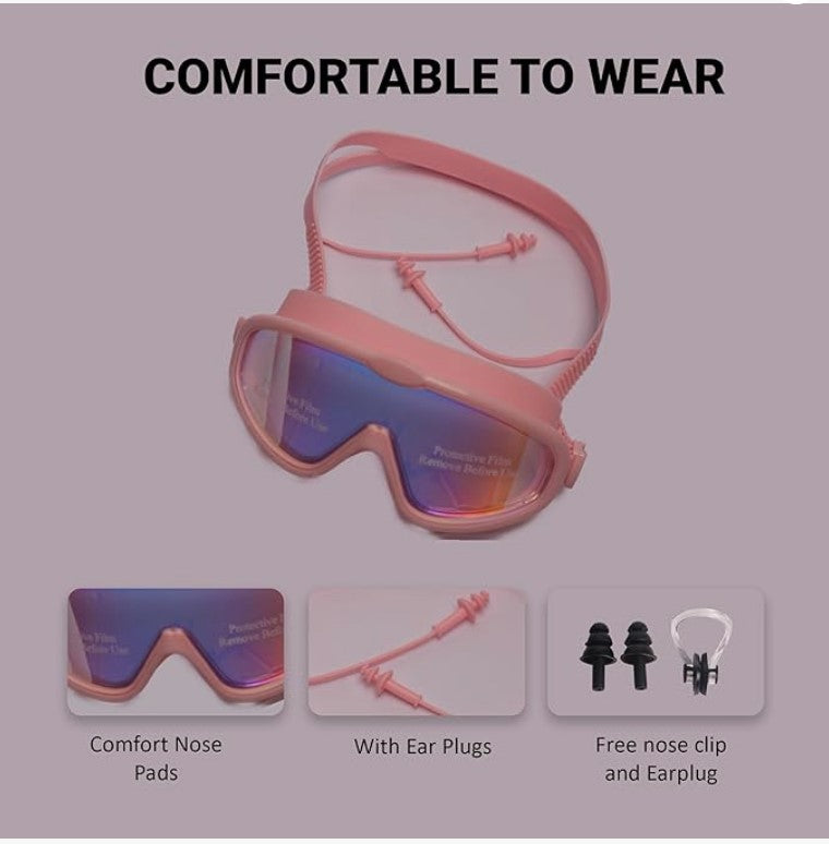 Swim Goggles, Cap & Ear Plugs Set | Anti-UV, Anti-Fog Wide Frame Goggles for Kids 7-17 Years | Pink