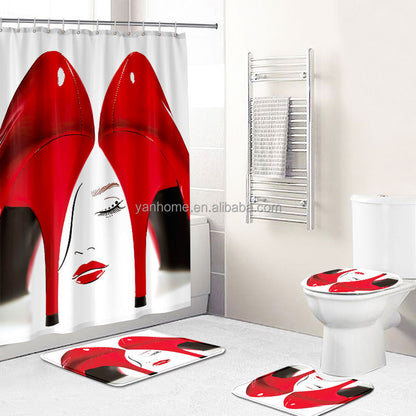 High Heel Prints Bathroom Rug & Curtain Set – Stylish Grey Art Décor for Modern Bathrooms