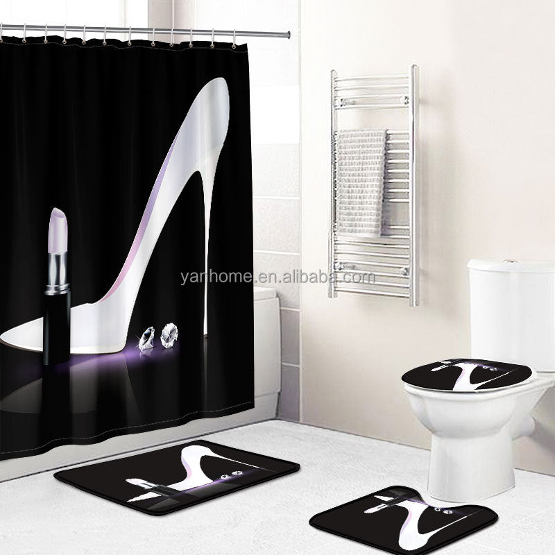 High Heel Prints Bathroom Rug & Curtain Set – Stylish Grey Art Décor for Modern Bathrooms