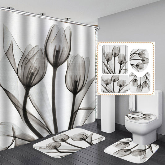 Nordic Grey Tulip Bathroom Set – Elegant Shower Curtain & Matching Rugs for Modern Bathrooms