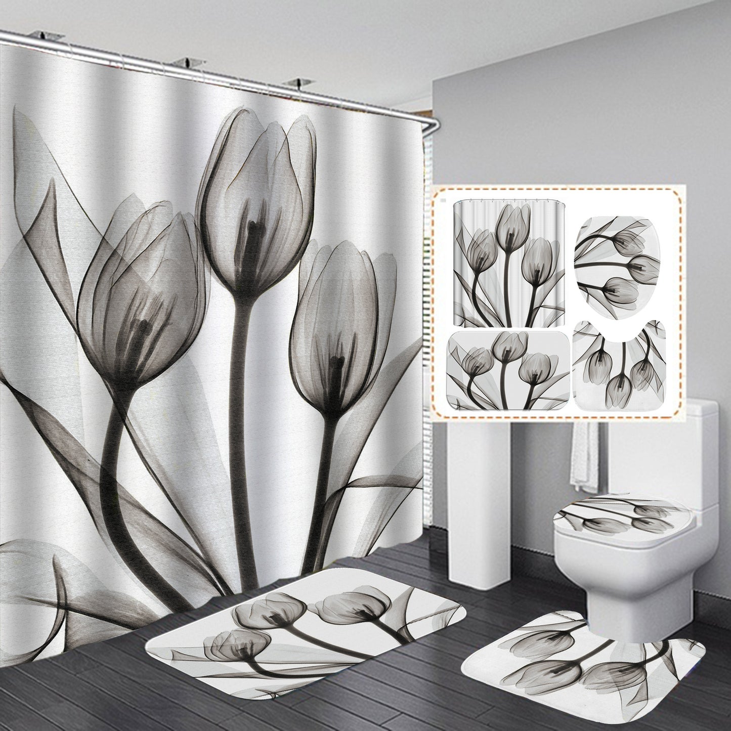 Nordic Grey Tulip Bathroom Set – Elegant Shower Curtain & Matching Rugs for Modern Bathrooms