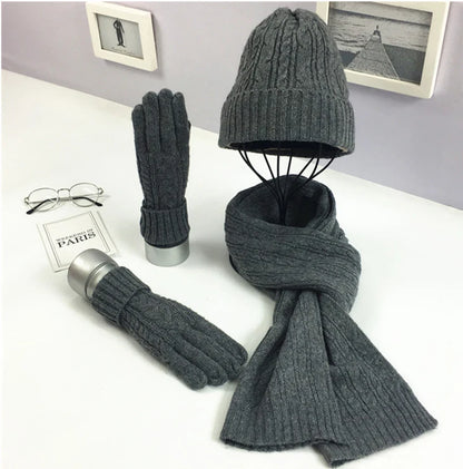 3PC Knitted Hat, Scarf & Glove Set for Women - Winter Warm Wool Twist Cap, Gloves & Scarf Gift Set