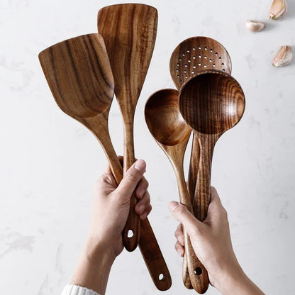 7-Piece Teak Natural Wood Tableware Set | Cooking Spoons & Kitchen Tool Kit