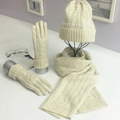 3PC Knitted Hat, Scarf & Glove Set for Women - Winter Warm Wool Twist Cap, Gloves & Scarf Gift Set