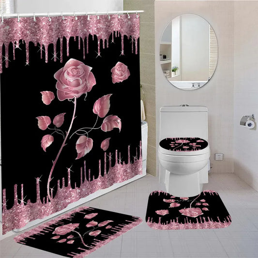 Waterproof Shower Curtain Set with Toilet Covers & Seat, Bath Mats – Complete Bathroom Décor Set