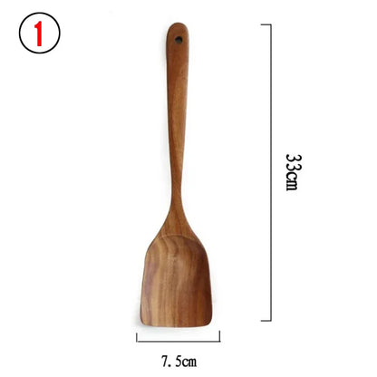 7-Piece Teak Natural Wood Tableware Set | Cooking Spoons & Kitchen Tool Kit