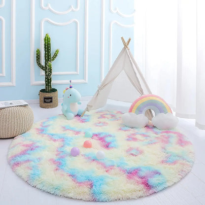 Round Rainbow Rug for Girls' Kids Bedroom - Soft & Colorful Floor Decor