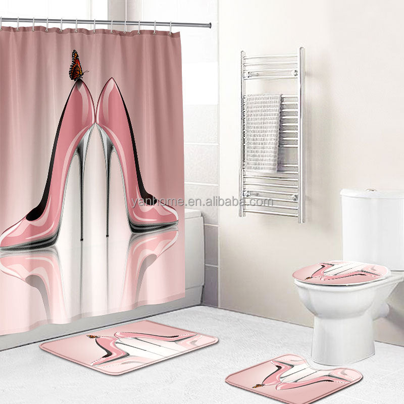 High Heel Prints Bathroom Rug & Curtain Set – Stylish Grey Art Décor for Modern Bathrooms