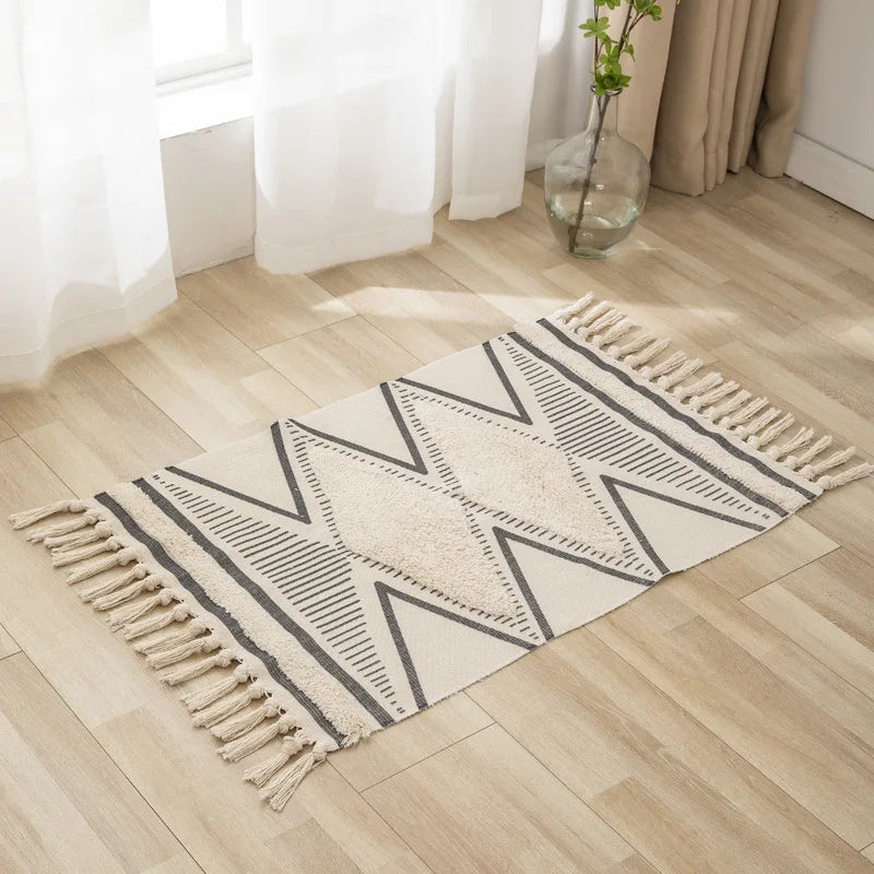 Inyahome-Boho Kitchen Runner Rug, Cotton Tufted, Geometric Rug