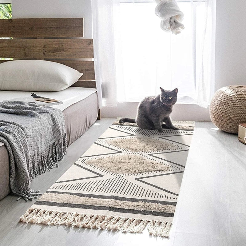 Inyahome-Boho Kitchen Runner Rug, Cotton Tufted, Geometric Rug