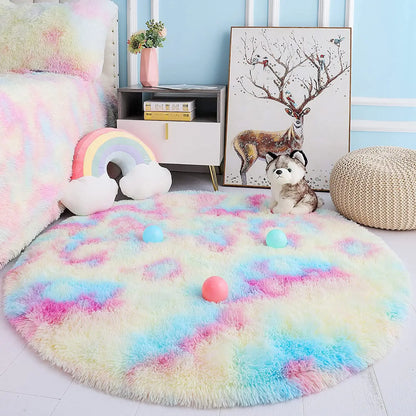 Round Rainbow Rug for Girls' Kids Bedroom - Soft & Colorful Floor Decor