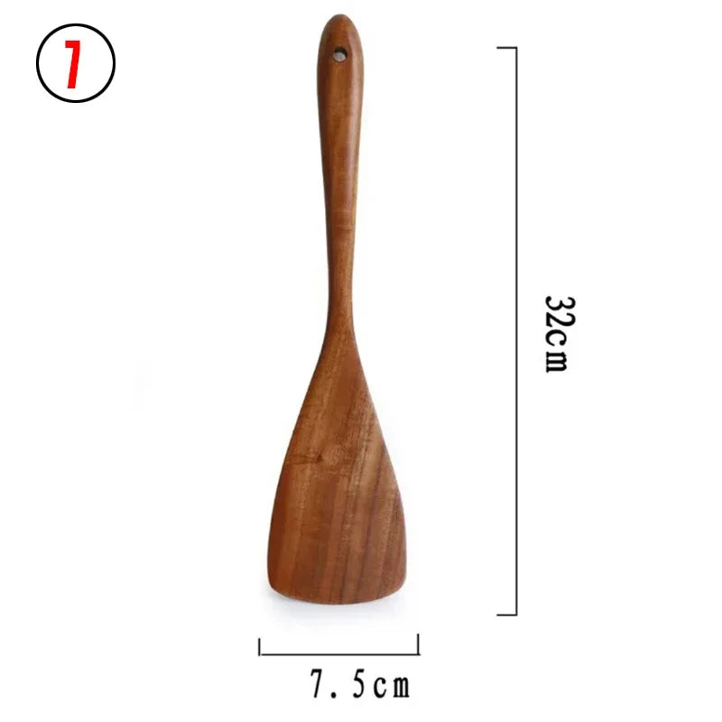 7-Piece Teak Natural Wood Tableware Set | Cooking Spoons & Kitchen Tool Kit